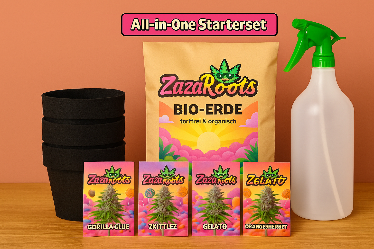 ZazaRoots All-in-One Starter Set – 4 Samen, 4 Töpfe, 5 L Erde & große Sprühflasche - My Store